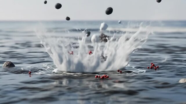 A dark, textured orb hovers over rippling water. Other similar objects and specks dot the sea
