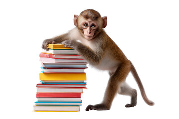 Curious monkey poses with tall stack of colorful books studio shot learning concept isolated on transparent background