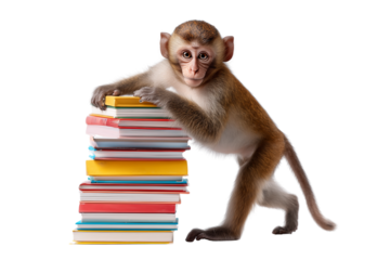 Curious monkey poses with tall stack of colorful books studio shot learning concept isolated on transparent background