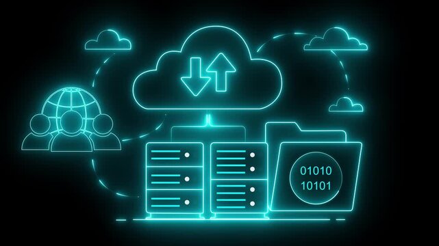 An infographic showing cloud computing concepts with data uploads and downloads. frameworks that optimize enterprise performance