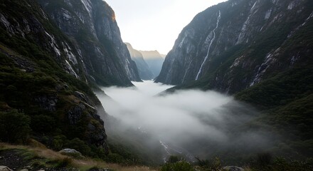 The early morning mist settled in a deep valley.