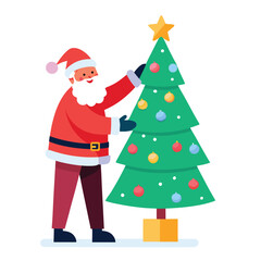 Full-Body Santa Decorating Christmas Tree Vector Icon for Christmas Celebration, Holiday, and Festive Designs
