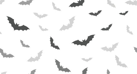 Collection of black and gray bat silhouettes flying against a clean white background in various directions.