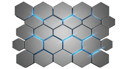 Gray hexagons with blue lines on a white background, forming a honeycomb pattern with a technological feel.