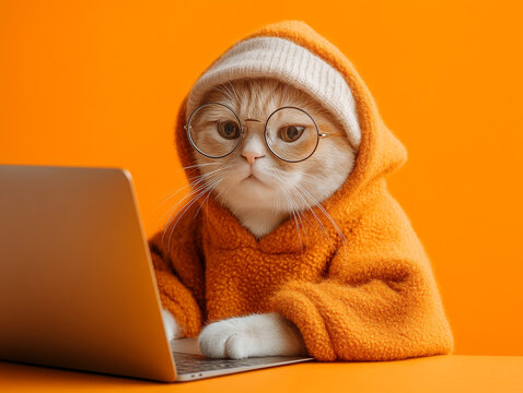 Funny cat in orange hoodie and glasses working on laptop against bright orange background