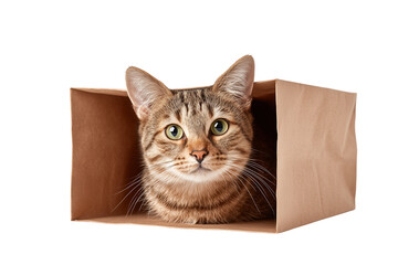 Curious bengal cat peeking out of cardboard box with wide green eyes and alert ears isolated on transparent background