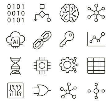 Technology linear icon set. featuring binary, flowchart, brain, network, ai, blockchain, security, chart, dna