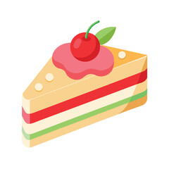 Flat Vector of Fruit Cake Slice with Icing and Cherries for Christmas, Holiday, and Festive Celebration