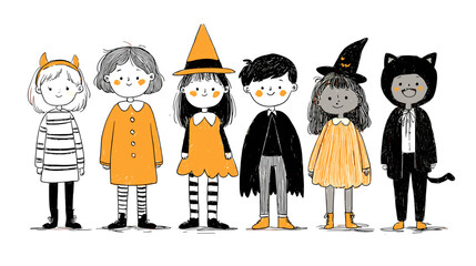 set od Cute Children in Halloween Costumes  vector doodle style 