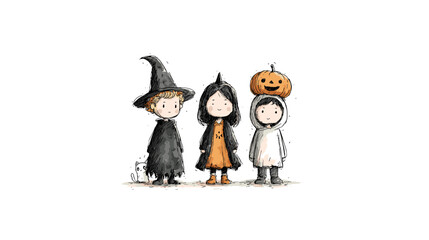 set od Cute Children in Halloween Costumes  vector doodle style 
