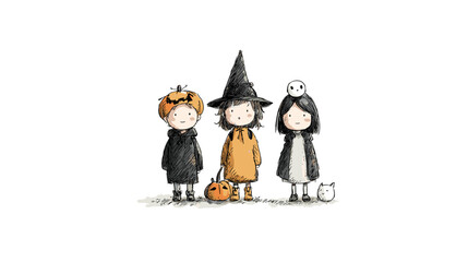 set od Cute Children in Halloween Costumes  vector doodle style 