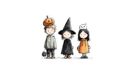 set od Cute Children in Halloween Costumes  vector doodle style 