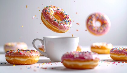 Pink glazed Donut with colorful sprinkles on coffee cup and pastel background