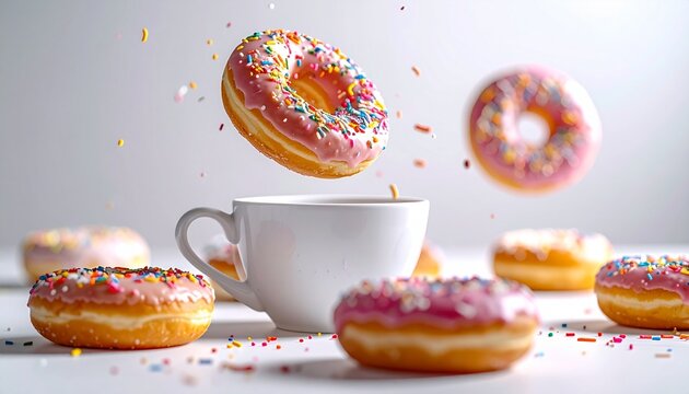 Pink glazed Donut with colorful sprinkles on coffee cup and pastel background - Powered by Adobe
