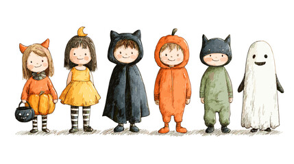 Obraz premium set od Cute Children in Halloween Costumes vector doodle style 
