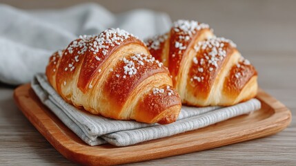 Golden Brown Croissants Sprinkled with White Sugar Dust on a Linen Napkin Served on a Wooden Tray with Soft Natural Lighting A Rustic Breakfast Scene