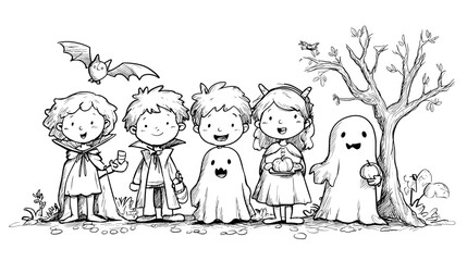 Little Friends Enjoying a Halloween Party doodle style 