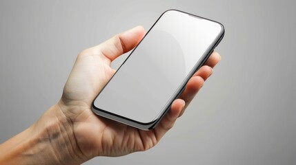 Hand Holding Modern Smartphone with Blank Screen in Gray Background