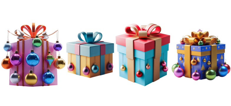 Beautiful festive box with Christmas tree balls isolated on transparent background