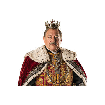 Elderly Man In Royal Attire With Crown. Symbol Of Monarchy And Historical Authority. Isolated On Transparent Background