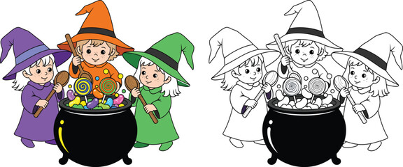 Cute little witches making candy potion in cauldron — colorful and coloring page Halloween illustration for kids, magical fantasy festive printable artwork