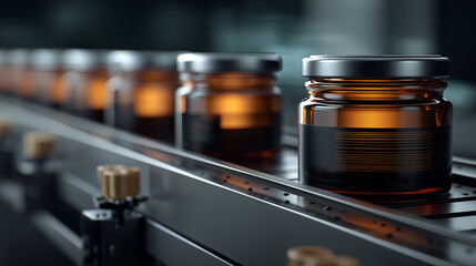 Close-up of amber jars with metallic lids moving along industrial conveyor in clean production setting. Ideal for editorial, packaging, pharmaceutical, or manufacturing photography themes.