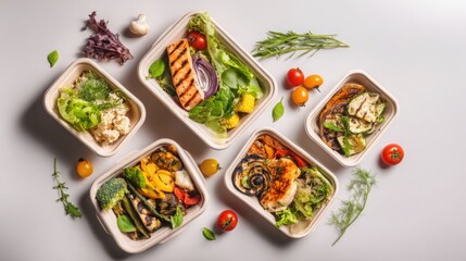 Modern eco friendly food delivery containers with balanced healthy meals, fresh salads and grilled vegetables, arranged on clean light background