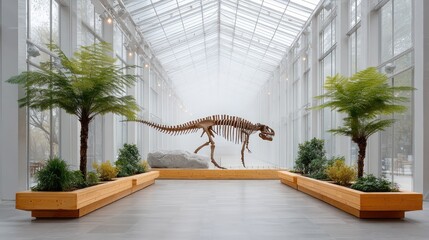 Impressive Dinosaur Skeleton Displayed Inside A Museum Hall With Lush Green Trees And Hanging Lights Creating An Atmospheric Scene