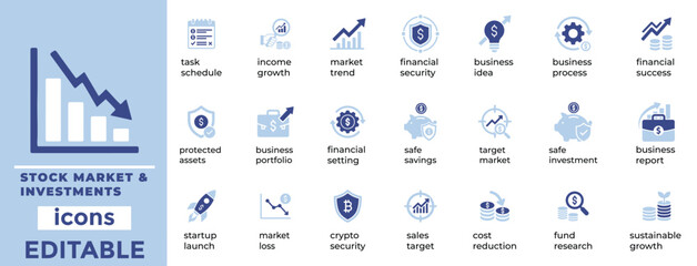 Clean stock market and investment icons for finance, fintech, and trading projects fully editable modern vector set.