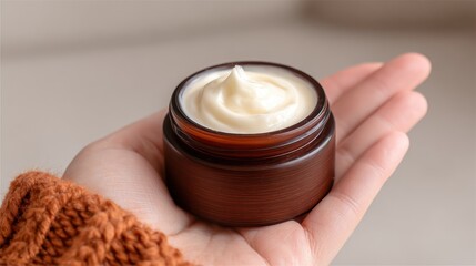 Hand Holding Open Jar of Cream with Smooth Texture in Brown Container