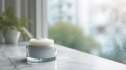 modern skincare scene with open jar of moisturizing cream on white marble surface, frosty window blurred in background, minimalistic composition