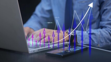 Businessman analyzing 3D data statistics on laptop. Analytics and digital strategy concept. Graphic