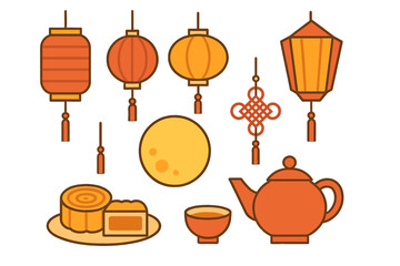 Traditional Chinese lanterns, mooncake, teapot, and full moon set for Mid-Autumn Festival