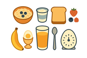Healthy breakfast assortment featuring fruit, grains, dairy, and protein foods on white background