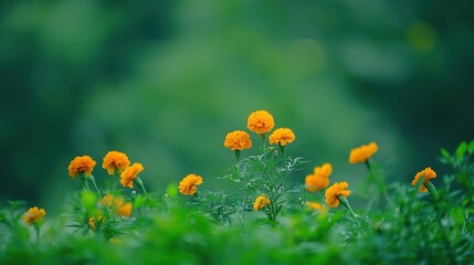 Marigold plant vector illustration with blooming yellow flowers, green leaves, and potted soil in isolated design. Ideal for gardening designs, botanical guides, educational materials.