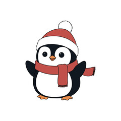 Cute penguin in red hat and scarf festive vector illustration for Christmas celebration winter greeting or children's holiday content in clean cartoon style