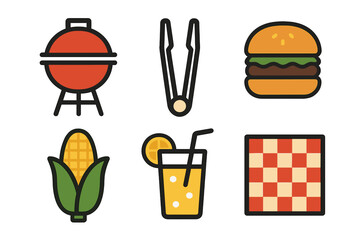 Stylized icons of summer picnic and barbecue essentials including grill, hamburger, corn, and drink