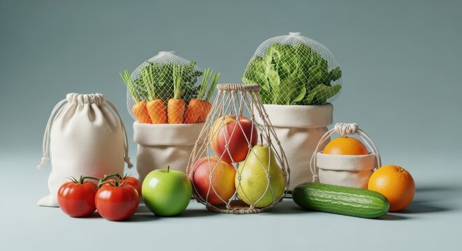 Fresh fruits and vegetables in reusable bags on a light blue background