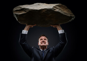 Businessman Lifting a Giant Rock Representing Pressure and Effort