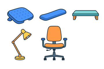Set of ergonomic office accessories including adjustable chair, desk lamp, and footrests