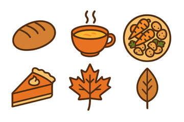 Simple outline icons of autumn harvest food and seasonal foliage like pie, soup, bread, and leaves