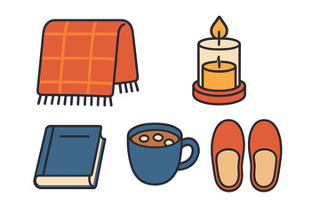 Cozy autumn and winter essentials set with warm blanket candle book hot beverage and slippers
