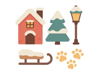Obraz premium Cozy winter house, snowy pine tree, street lamp, wooden sled, and animal paw prints