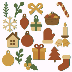    A seamless festive pattern featuring flat Christmas icons such as gifts, snowflakes, ornaments, holly, houses, stockings, and candles in warm earthy tones of green, red, and gol © Svutlana