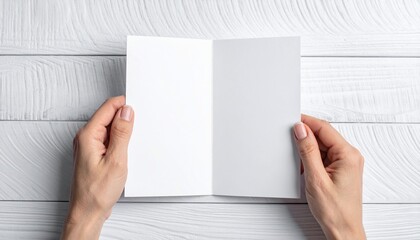 Obraz premium Hands holding open blank card against white wood background for message