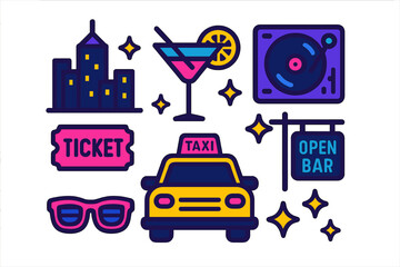 Neon nightlife symbols including cocktail drink, taxi, turntable, ticket, and city skyline