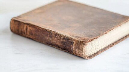 Vintage leather-bound book resting on a clean marble surface in soft natural light