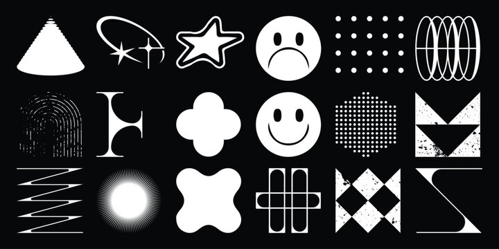 Collection of Abstract Geometric Shapes and Icons on Black Background