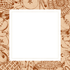 Square frame of apples, apple pies, tarts or cakes, cinnamon, vanilla, anise stars ink drawings on beige background. Monochrome. Hand-drawn illustrations for baking-themed design goods, postcards