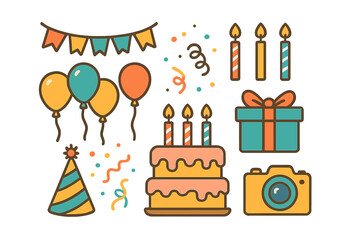 Set of colorful birthday party celebration elements including cake balloons gift and confetti